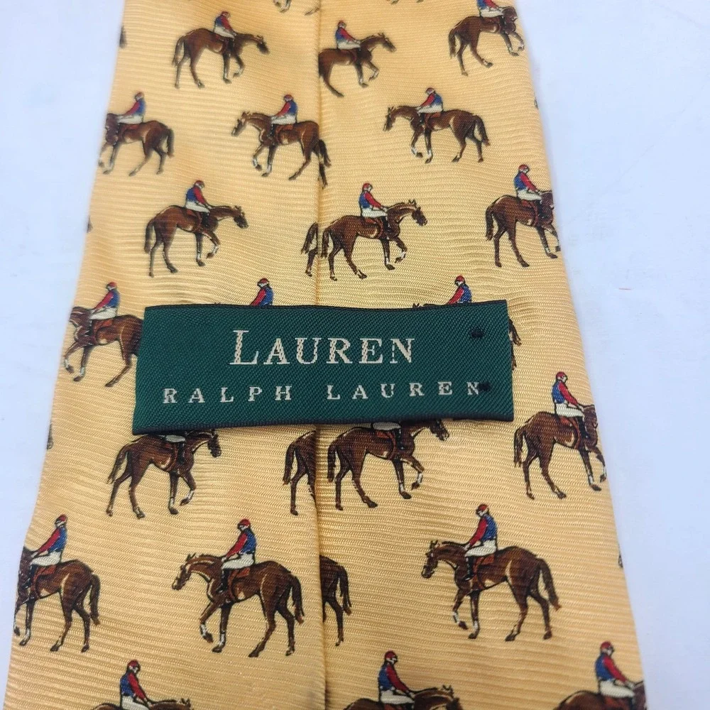 Vintage Lauren Ralph Lauren Silk Tie Yellow Equestrian Horse Jockey Derby USA